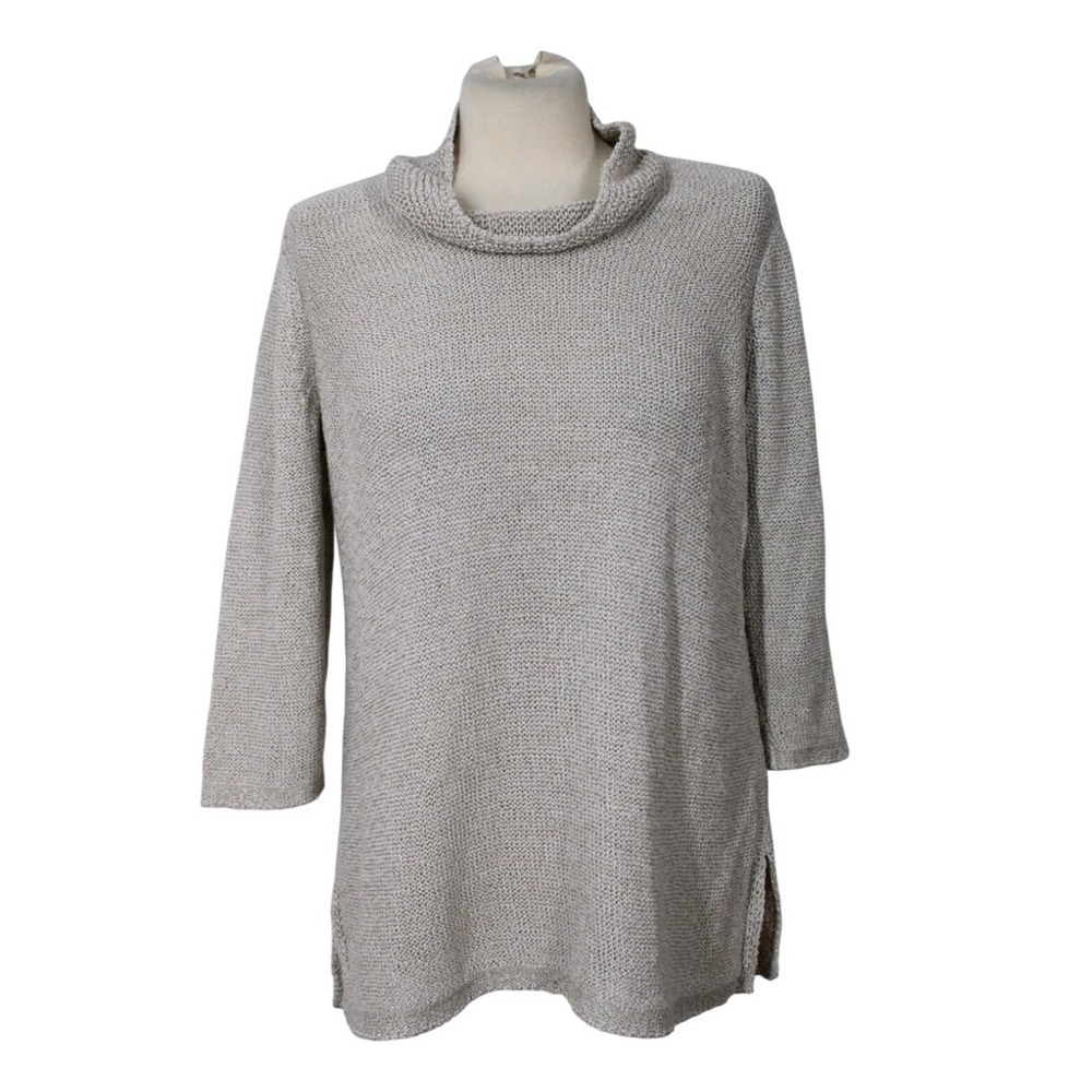 Pure Jill J. Jill Beige Open Knit Funnel Neck Tunic Sweater 3/4 Sleeve Boho Chic